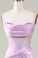 Laden Sie das Bild in den Galerie-Viewer, Meerjungfrau Spaghettiträger Lila Langes Brautjungfernkleid mit Schlitz