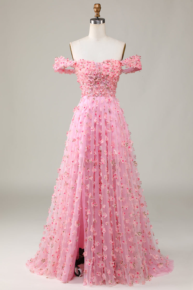 Laden Sie das Bild in den Galerie-Viewer, A-Linie schulterfreies rosa langes Brautjungfernkleid mit 3D-Blumen