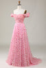 Laden Sie das Bild in den Galerie-Viewer, A-Linie schulterfreies rosa langes Brautjungfernkleid mit 3D-Blumen