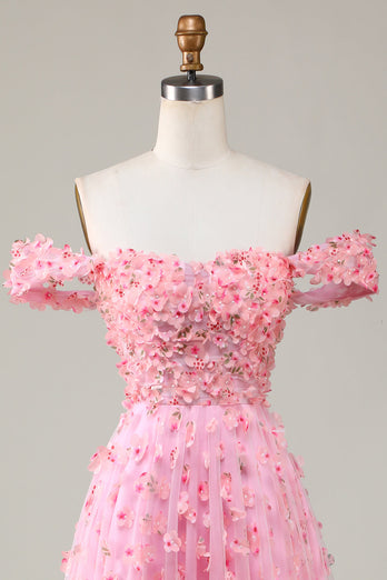 A-Linie schulterfreies rosa langes Brautjungfernkleid mit 3D-Blumen