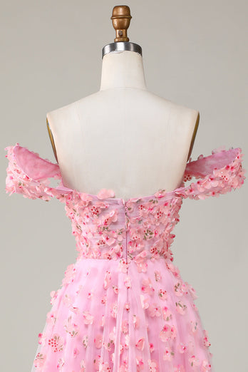 A-Linie schulterfreies rosa langes Brautjungfernkleid mit 3D-Blumen