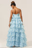 Laden Sie das Bild in den Galerie-Viewer, Wunderschönes A-Linie Spaghettiträger Ausgeschnitten gestuftes blaues Brautjungfernkleid