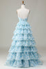 Laden Sie das Bild in den Galerie-Viewer, Spaghettiträger ausgeschnittenes blaues Brautjungfernkleid