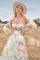 Laden Sie das Bild in den Galerie-Viewer, Charmantes A Linie Herzausschnitt Elfenbein Blumen Pinsel Schleppe Brautkleid mit Ärmeln