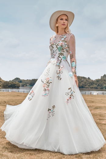 Wunderschönes A-Linie Tül Langarm Brautkleid mit langen Ärmeln und Stickerei