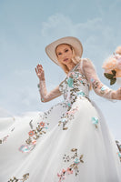 Laden Sie das Bild in den Galerie-Viewer, Wunderschönes A-Linie Tül Langarm Brautkleid mit langen Ärmeln und Stickerei