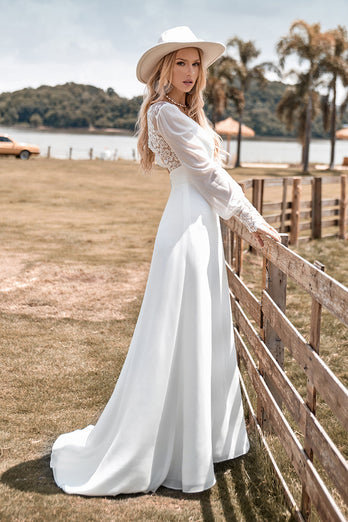 Elfenbein Boho-Brautkleid mit langen Ärmeln und Spitze