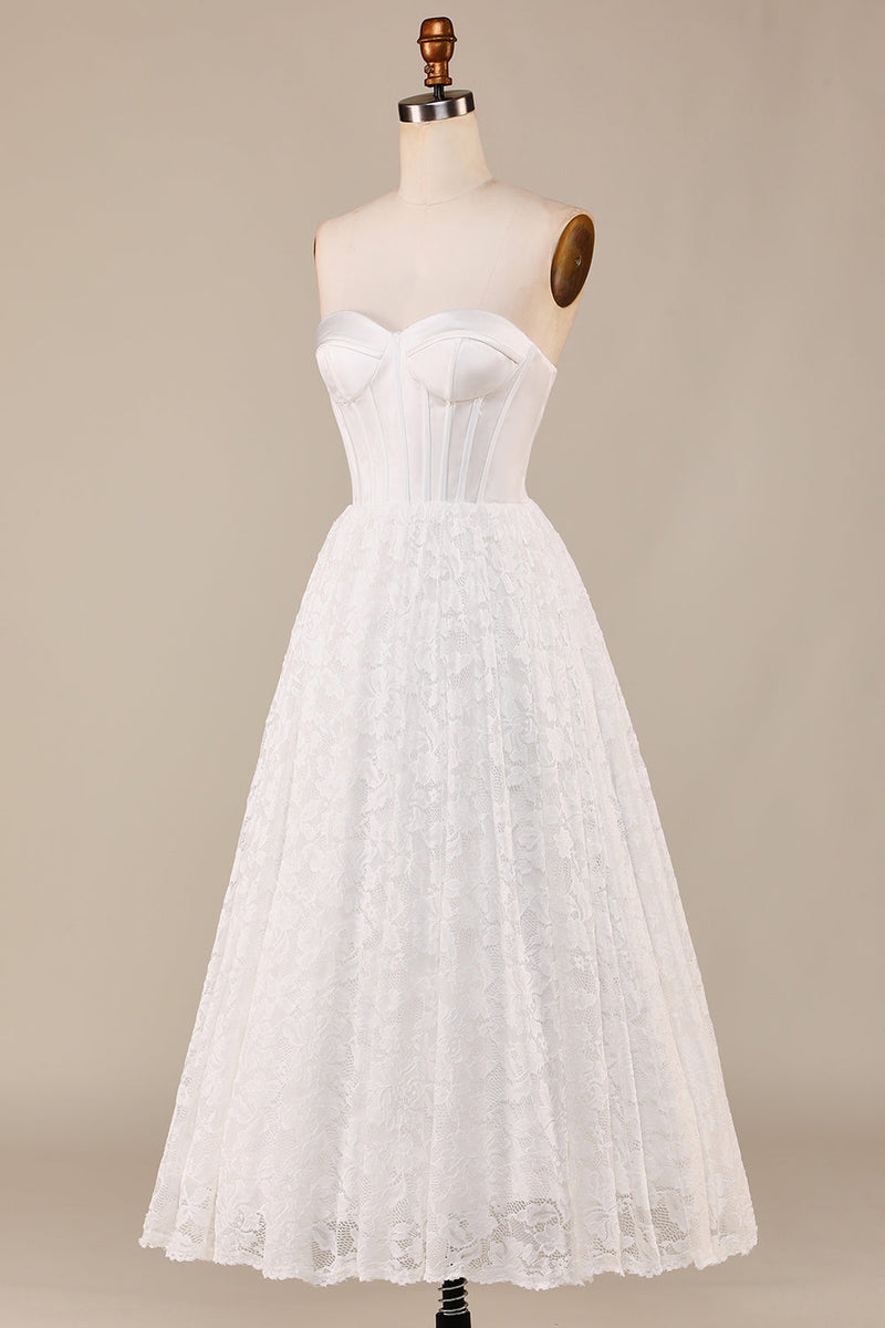 Laden Sie das Bild in den Galerie-Viewer, Elfenbein Spitzenkorsett Teelanges Brautkleid