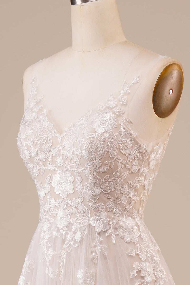 Laden Sie das Bild in den Galerie-Viewer, Rückenfreies elfenbein Brautkleid aus Tüll mit Stickerei