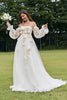 Laden Sie das Bild in den Galerie-Viewer, Elfenbein abnehmbares Brautkleid mit langen Ärmeln und 3D-Blumen
