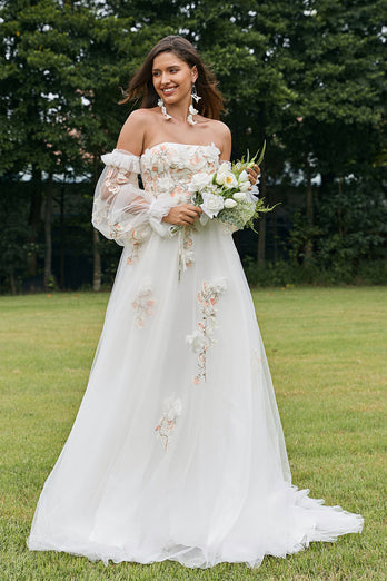 Elfenbein abnehmbares Brautkleid mit langen Ärmeln und 3D-Blumen