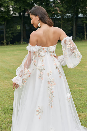 Elfenbein abnehmbares Brautkleid mit langen Ärmeln und 3D-Blumen