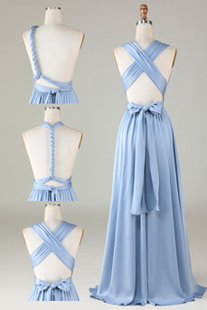 Wandelbares Brautjungfernkleid aus blauem Satin mit Schlitz