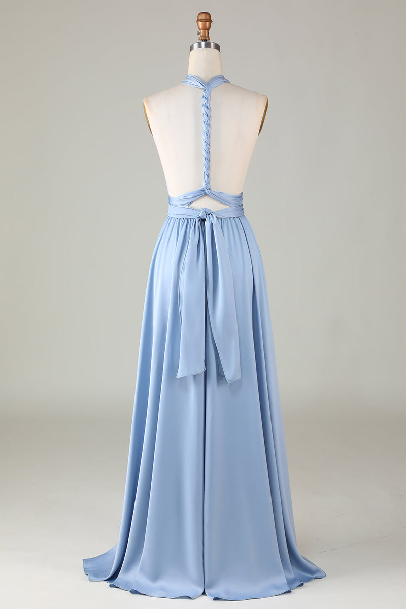 Laden Sie das Bild in den Galerie-Viewer, Wandelbares Brautjungfernkleid aus blauem Satin mit Schlitz