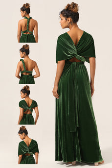 Elegantes A-Linie V-Ausschnitt Dunkelgrün Multi-tragen Samt Langes Brautjungfernkleid