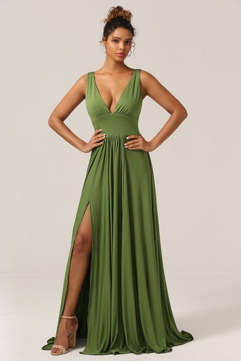 Elegantes A-Linie Olivgrünes ärmelloses langes Brautjungfernkleid mit tiefem V-Ausschnitt