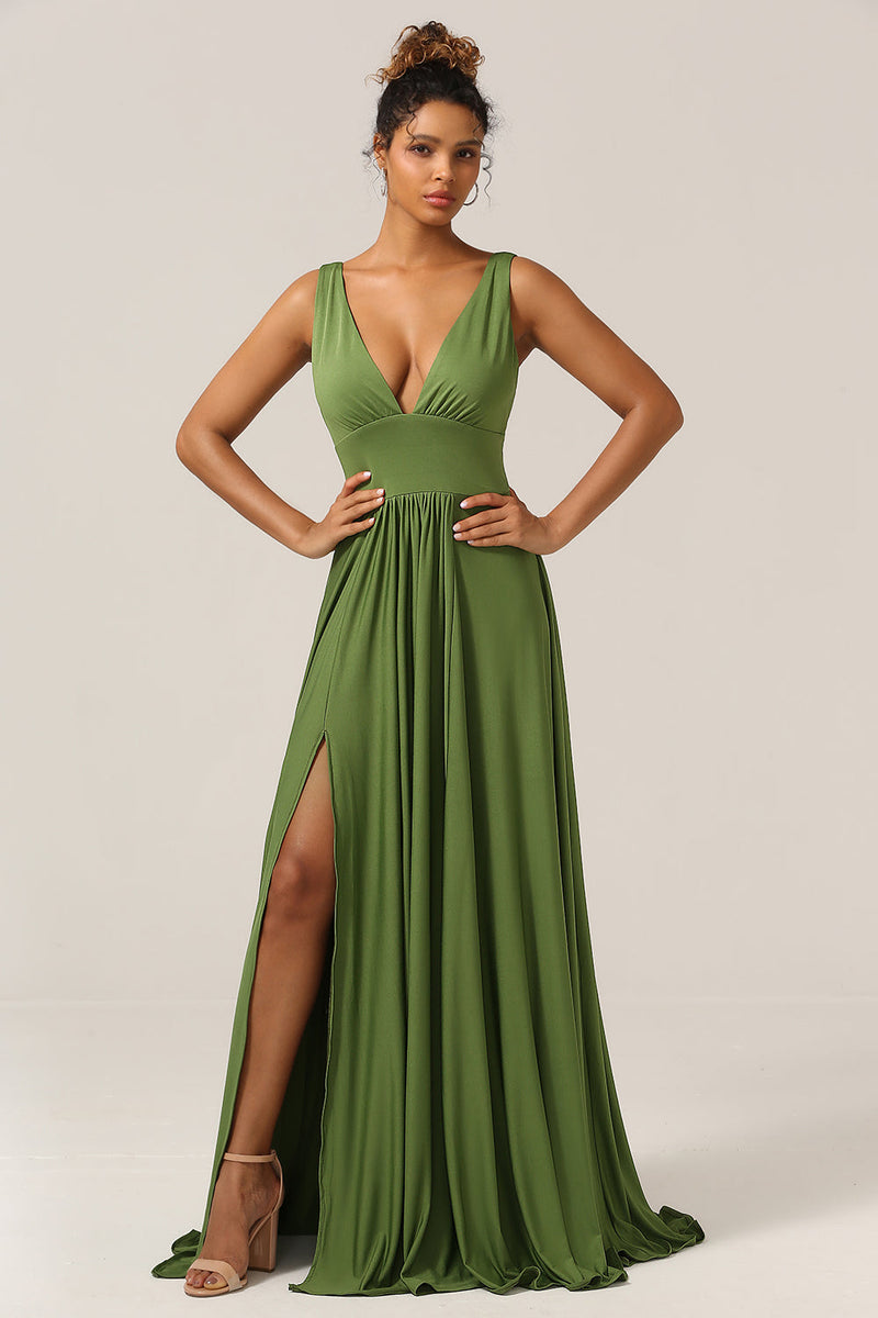 Laden Sie das Bild in den Galerie-Viewer, Elegantes A-Linie Olivgrünes ärmelloses langes Brautjungfernkleid mit tiefem V-Ausschnitt