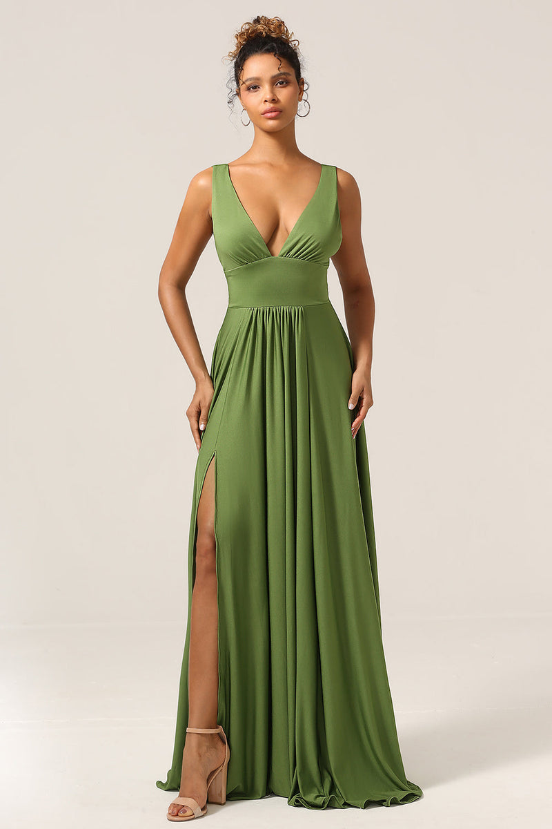 Laden Sie das Bild in den Galerie-Viewer, Elegantes A-Linie Olivgrünes ärmelloses langes Brautjungfernkleid mit tiefem V-Ausschnitt