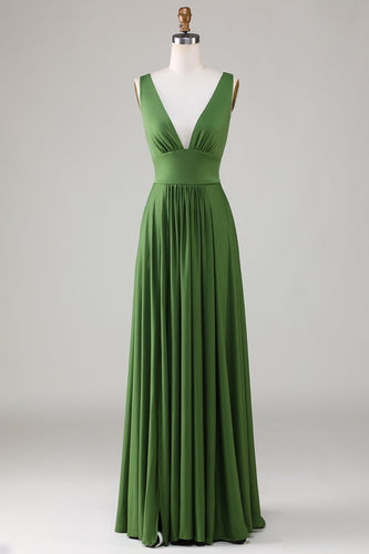 Olivgrünes ärmelloses langes Brautjungfernkleid mit tiefem V-Ausschnitt