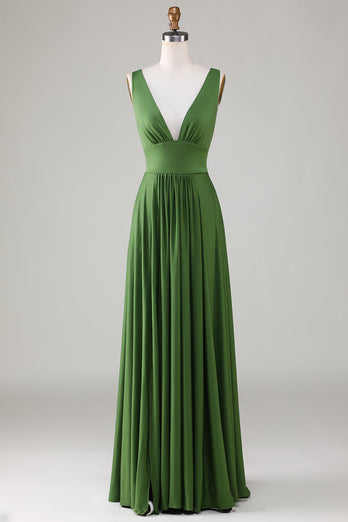 Olivgrünes ärmelloses langes Brautjungfernkleid mit tiefem V-Ausschnitt