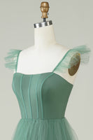 Laden Sie das Bild in den Galerie-Viewer, A Linie Spaghettiträger Langes Eukalyptus Brautjungfernkleid aus Tüll