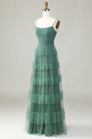 Laden Sie das Bild in den Galerie-Viewer, Eukalyptus A Linie Spaghetti Träger Tüll Brautjungfer Kleid