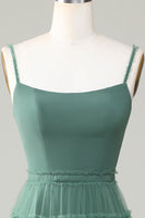 Laden Sie das Bild in den Galerie-Viewer, Eukalyptus A Linie Spaghetti Träger Tüll Brautjungfer Kleid