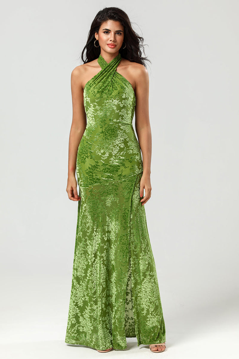 Laden Sie das Bild in den Galerie-Viewer, Meerjungfrauen Neckholder Olivgrünes Samt Langes Brautjungfernkleid