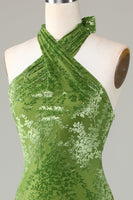 Laden Sie das Bild in den Galerie-Viewer, Samt Neckholder Oliv Brautjungfernkleid