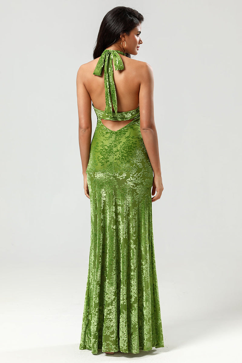 Laden Sie das Bild in den Galerie-Viewer, Meerjungfrauen Neckholder Olivgrünes Samt Langes Brautjungfernkleid