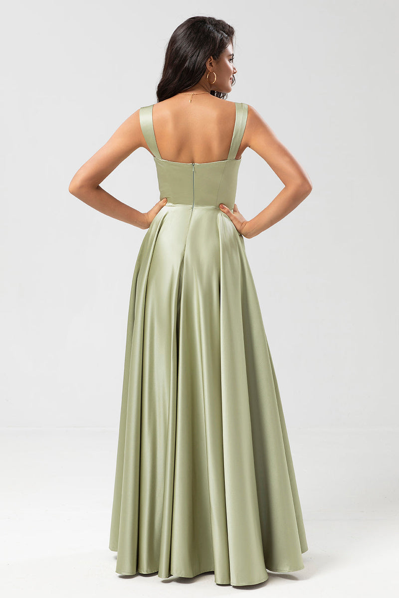 Laden Sie das Bild in den Galerie-Viewer, Satin A Linie Grünes Brautjungfernkleid mit Taschen