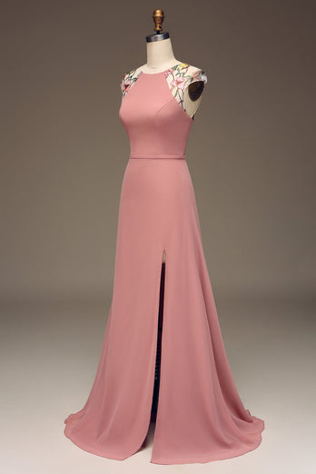 Staubige Rose Maxi Brautjungfernkleid aus Chiffon und Stickerei in A-Linie