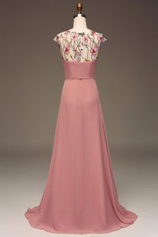 Staubige Rose Maxi Brautjungfernkleid aus Chiffon und Stickerei in A-Linie
