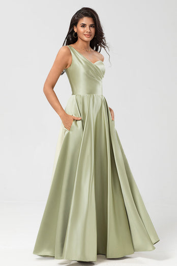 Eine Schulter Satin Grünes Brautjungfernkleid mit Taschen