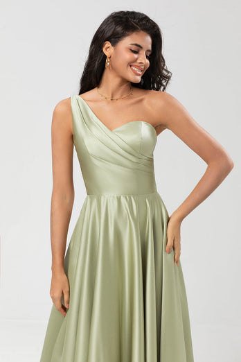 Eine Schulter Satin Grünes Brautjungfernkleid mit Taschen