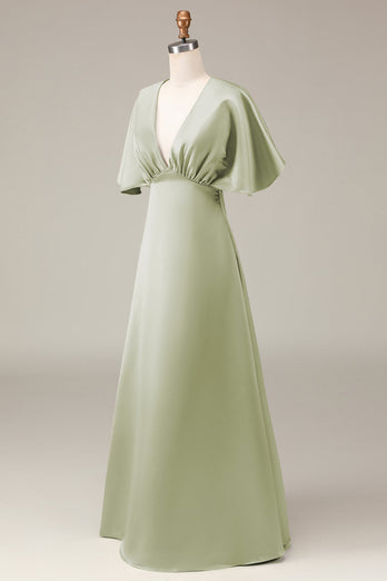 A-Linie Staubiger Salbei Brautjungfernkleid aus Satin mit kurzen Ärmeln und V-Ausschnitt