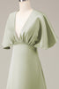 Laden Sie das Bild in den Galerie-Viewer, A-Linie Staubiger Salbei Brautjungfernkleid aus Satin mit kurzen Ärmeln und V-Ausschnitt