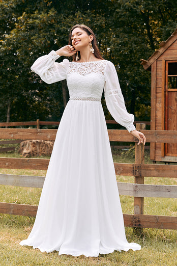 Elfenbein Bateau Chiffon langes Boho Brautkleid mit Spitze