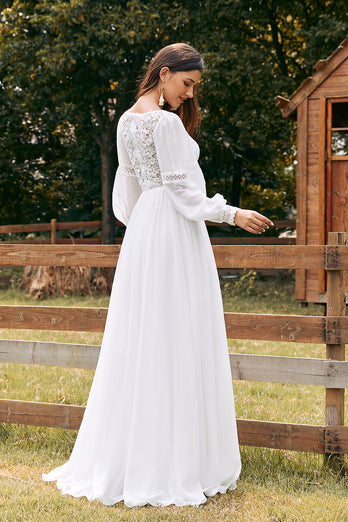 Elfenbein Bateau Chiffon langes Boho Brautkleid mit Spitze