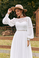 Laden Sie das Bild in den Galerie-Viewer, Elfenbein Bateau Chiffon langes Boho Brautkleid mit Spitze