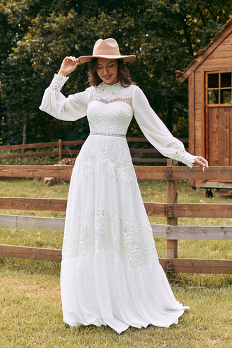 Elfenbein Boho Brautkleid mit langen Ärmeln und Spitze