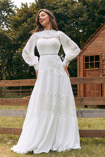 Elfenbein Boho Brautkleid mit langen Ärmeln und Spitze