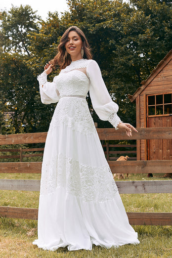 Elfenbein Boho Brautkleid mit langen Ärmeln und Spitze