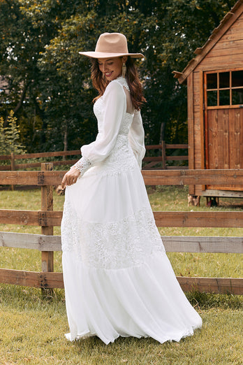 Elfenbein Boho Brautkleid mit langen Ärmeln und Spitze