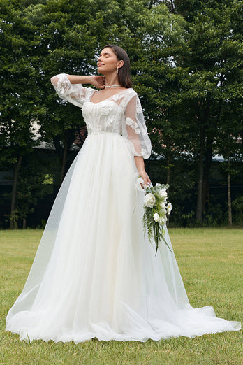 Elfenbein Korsett Brautkleid mit Puffärmeln und 3D-Blumen