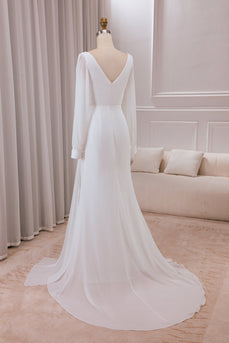 A-Linie Elfenbein Chiffon Brautkleid mit V-Ausschnitt und langen Ärmeln