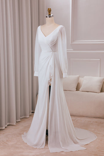 A-Linie Elfenbein Chiffon Brautkleid mit V-Ausschnitt und langen Ärmeln