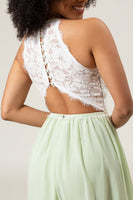 Laden Sie das Bild in den Galerie-Viewer, Langes  A-Linie Staubiger Salbei Neckholder Spitze Chiffon Brautjungfernkleid