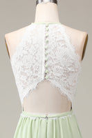 Laden Sie das Bild in den Galerie-Viewer, Staubiger Salbei Neckholder Kleid aus Spitze und Chiffon in A-Linie bodenlanges Brautjungfernkleid