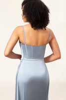Laden Sie das Bild in den Galerie-Viewer, A-Linie Spaghettiträger Staubblaues Satin langes Brautjungfernkleid